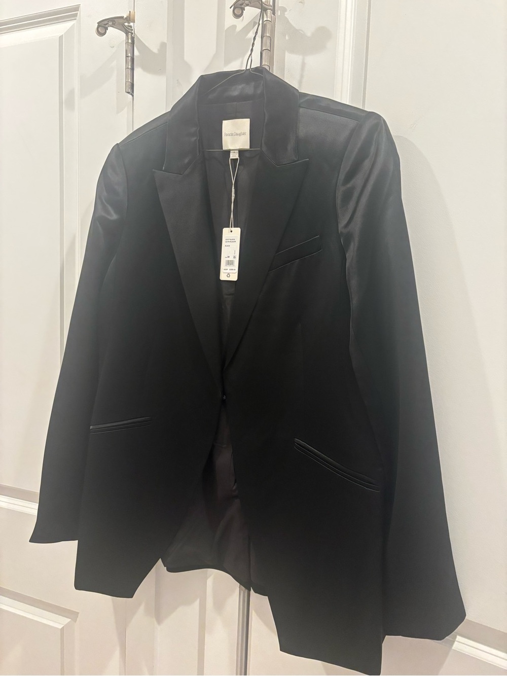 NWT Favorite Daughter Black Satin-Trim Single-Button Blazer